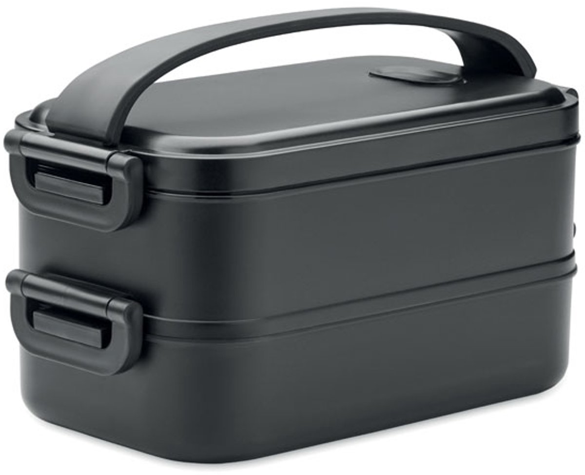 lunchbox met twee compartimenten, verwijderbare verdeler met zijgespen en luchtdicht deksel. Capaciteit: 850 ml (2x). Zwart