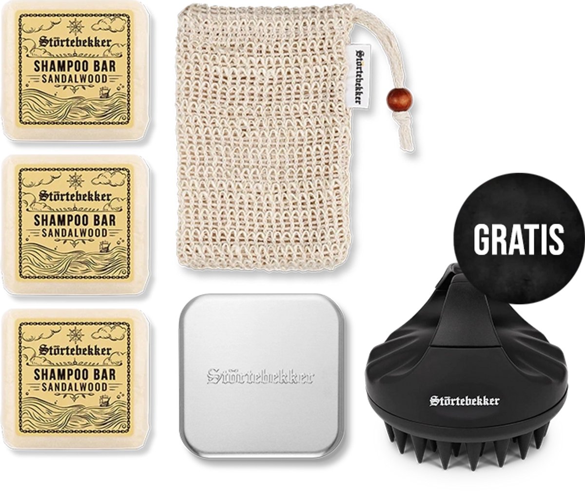 Störtebekker® Premium Douche Set Hair Sandelhout - Shower Set Heren met warme, houtige geur - 3x Vaste Shampoo (100g), Sisal Washandje, Zeepdoos & GRATIS Siliconen Hoofdhuidborstel - Vegan - Handgemaakt in Nederland
