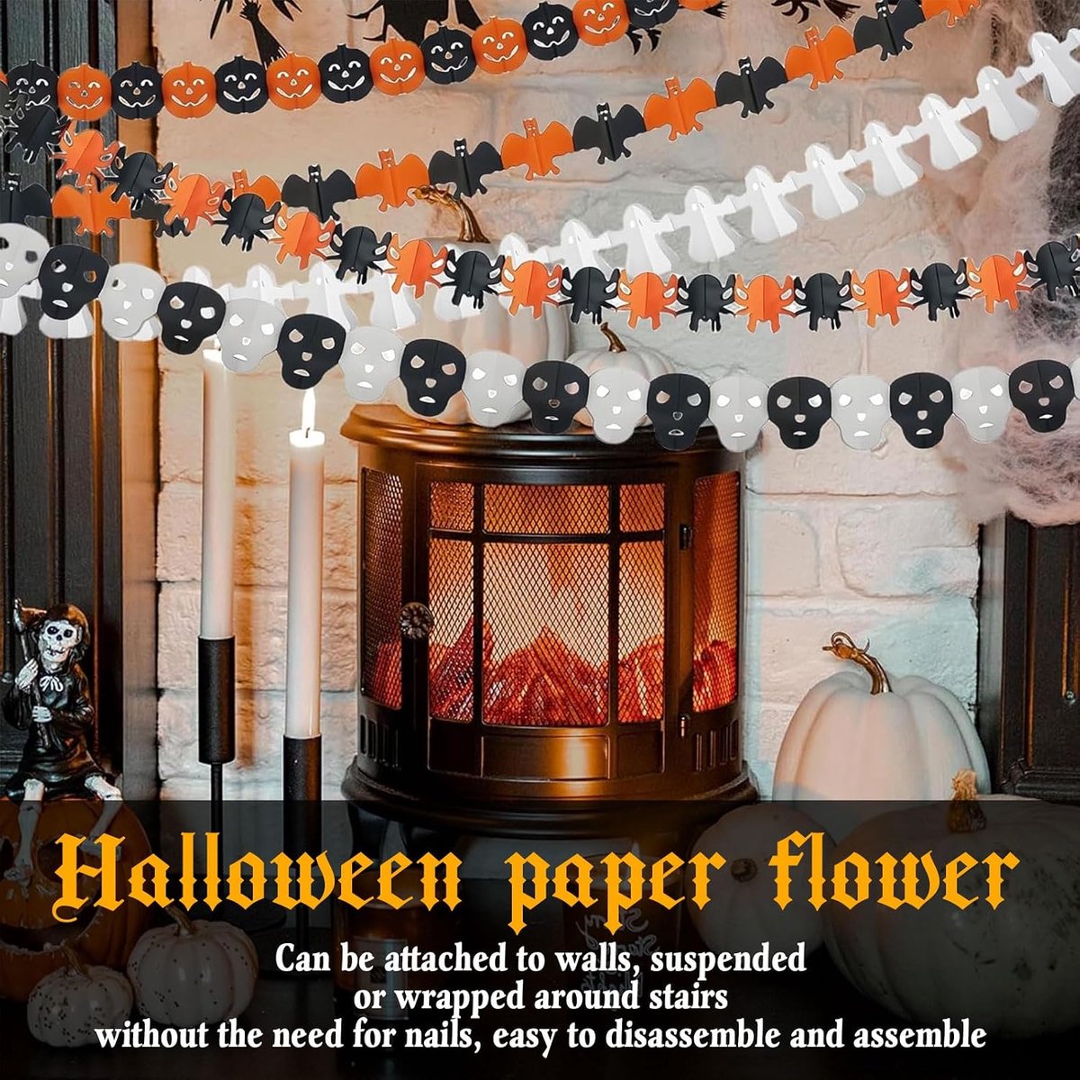 Halloween Decoratieset - Halloween Vleermuis Spinnen Schedel Spook Pompoen - Papieren Slinger - Halloween Papieren Hangende Banner - Halloween Banner - Voor Carnaval, Halloween, Feest, Tuin - 3m - 5stuks