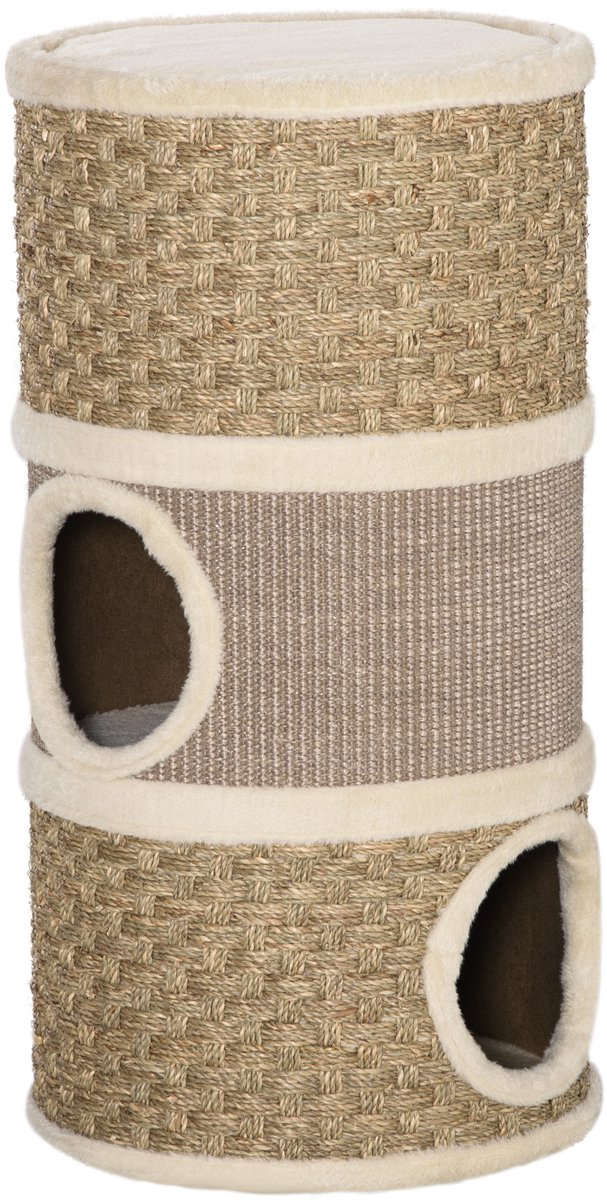 Krasvat voor katten - sisal-krabpaal - natuurlijk en zeegras - bekleed met pluche - 37,5 x 37,5 x 70 cm - kaki en koffiekleur
