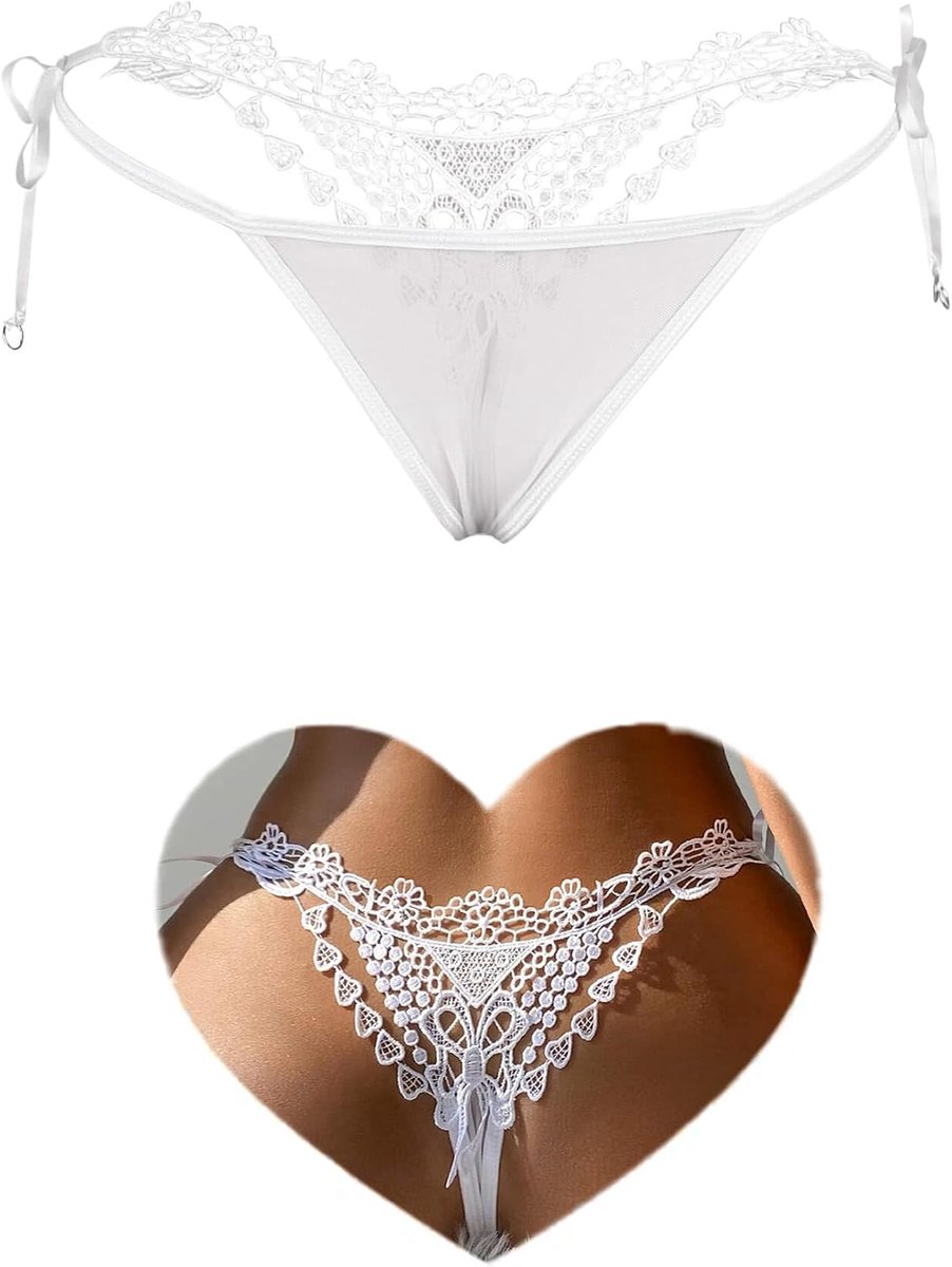 Ohyeahlady String voor dames, grote maat, tanga, naadloos, onzichtbaar, katoen, micro-string, borduurwerk, ondergoed, T-achterkant, Wit, XXL