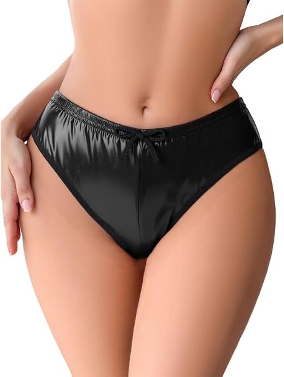 Sexy lederen onderbroek wetlook PU slipje lage taille ondergoed | Opgestikte achterzak strik tanga stretch bodycon slip V-vorm slipje rave hipster glanzende clubwear Braziliaanse hotpants