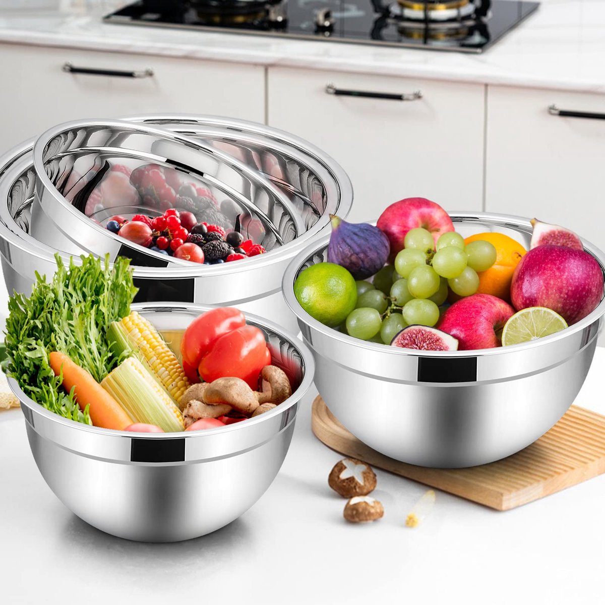 5-delige Mengkommenset - RVS Schalen met Luchtdichte Deksel - Stapelbare Saladekommen voor Koken, Bakken & Bewaren - Inhoud 4,5L, 2,7L, 1,5L, 1,2L & 0,7L - Vaatwasserbestendig - Zwart