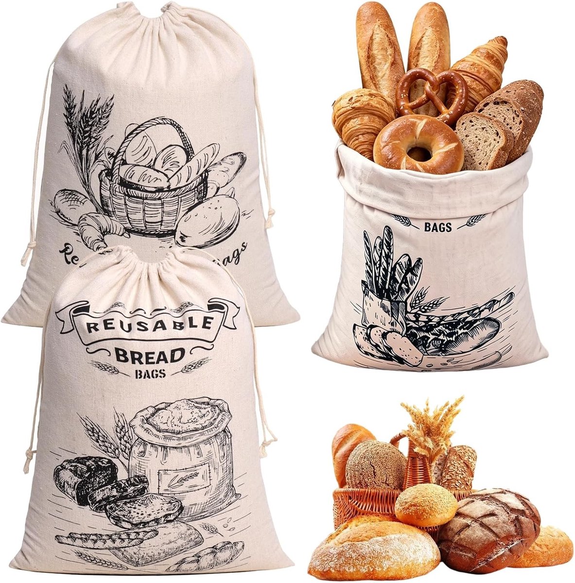 Set van 3 Broodzakken - Natuurlijk Katoen - 30 x 40 cm - Herbruikbare Trekzakken voor Vers Brood en Gebak - Voor Duurzaam Gebruik