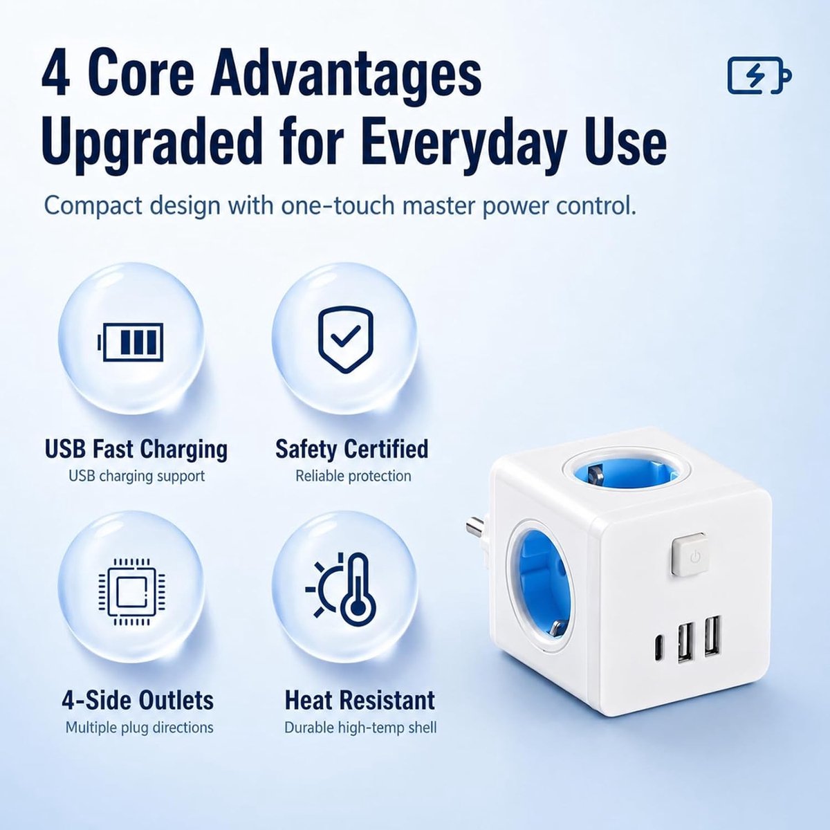 Stekkerdoos met USB-C - Blauw-Wit - 2500W met 4 EU-stopcontacten en 3 USB-poorten - Voor Thuis, Kantoor en Reizen