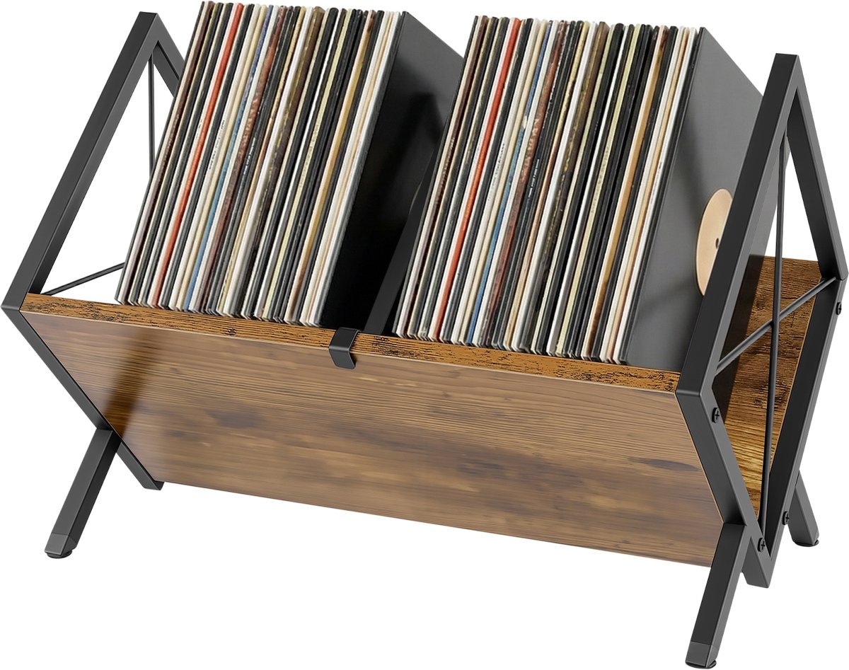 Opbergrek Voor Vinylplaten Voor 80-100 LP’s met Verstelbare Scheidingswanden, Houten en Metalen Opbergrek in Retrostijl Voor Albums, Tijdschriften en Boeken