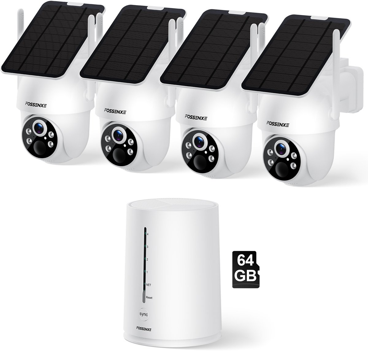 4-Pack FOSSENXE 4MP Solar WiFi Beveiligingscamera– Geen Abonnementskosten, PTZ 360°, IP66, Kleurenachtzicht – Zwart
