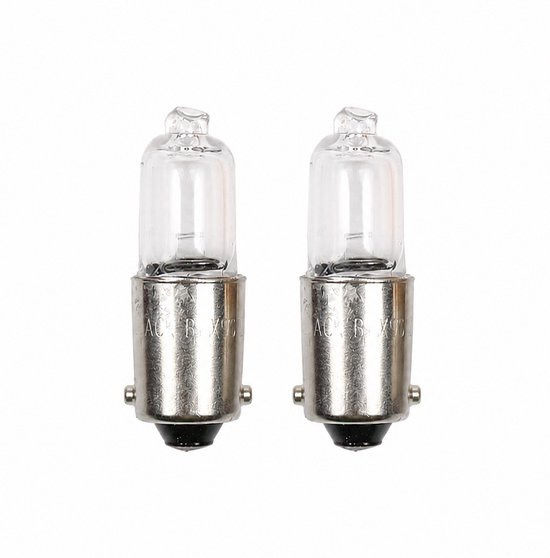 Twee BA9S H6W 12V 6W halogeenlampen. Zilveren bajonetfitting met koperen contacten en zwarte isolatie. Glazen lamp met gloeidraad.