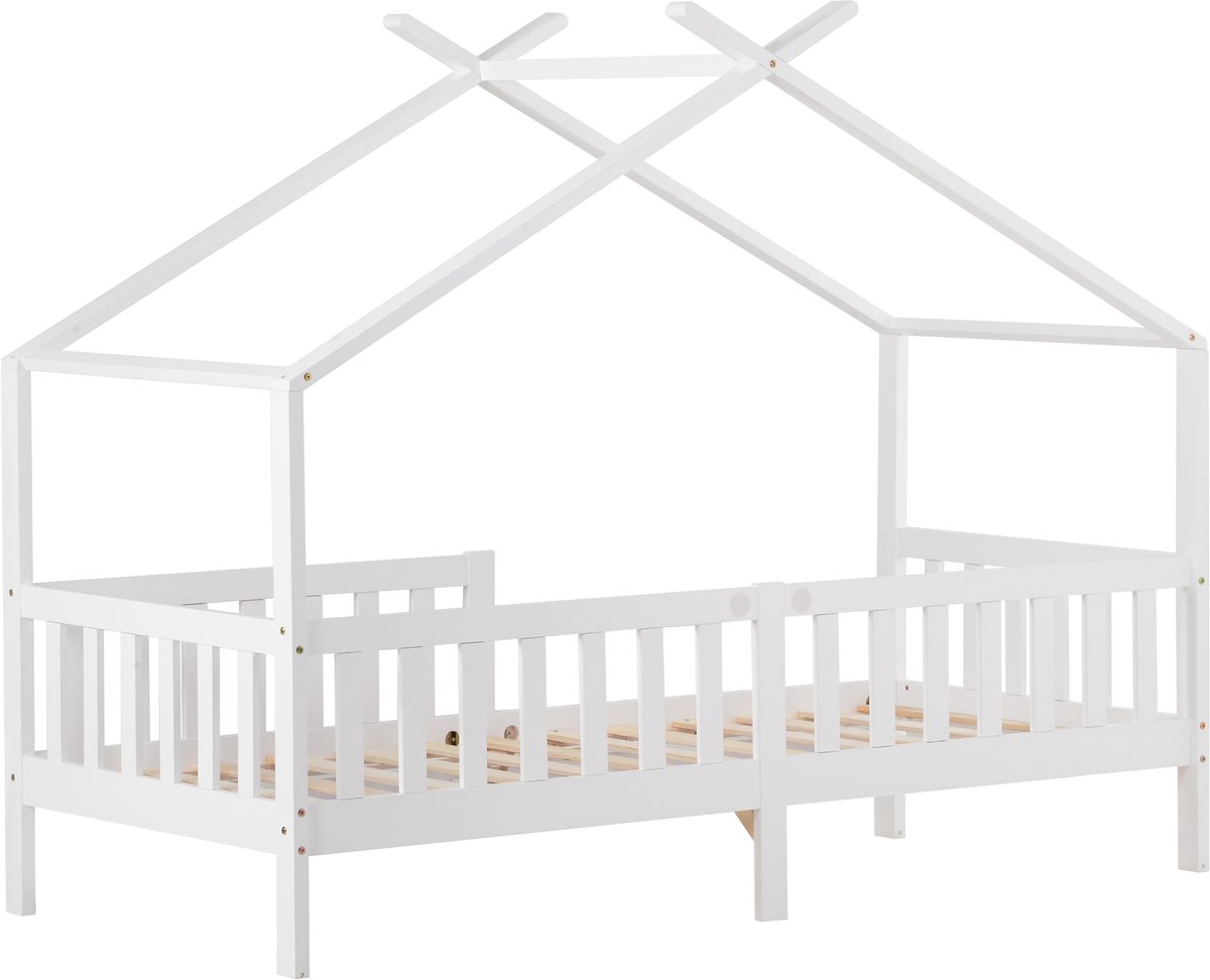 MUVANO Kinderbed - Huisbed - Massief Hout - Lattenbodem - Uitvalbeveiliging - Veiligheidshek - Kinderkamer - 90x200cm - 1 Persoons - Wit
