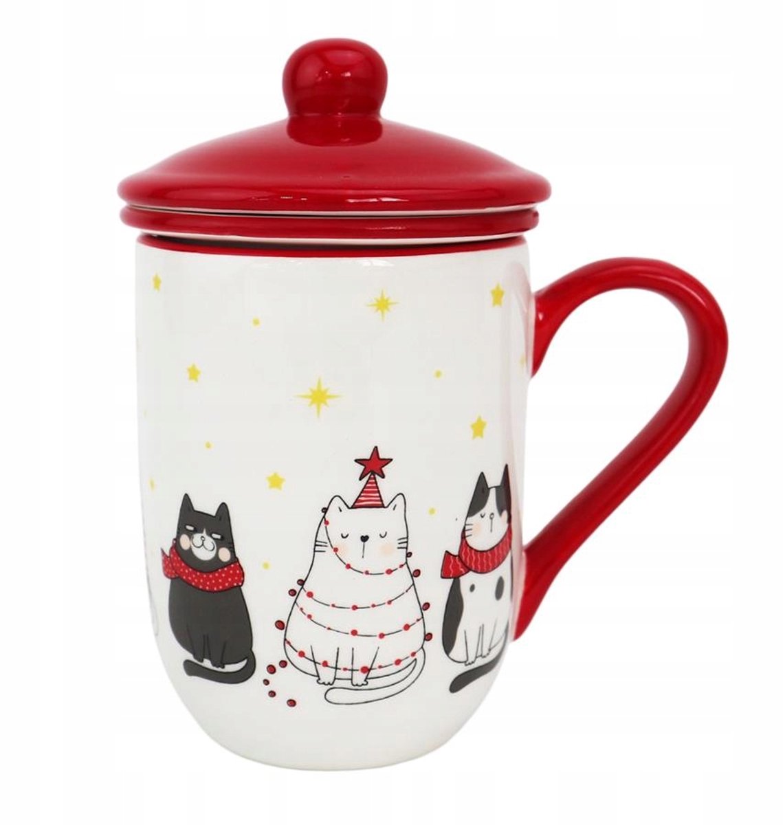 Kerstmok met deksel - Katten design, keramiek, rood, 320ml
