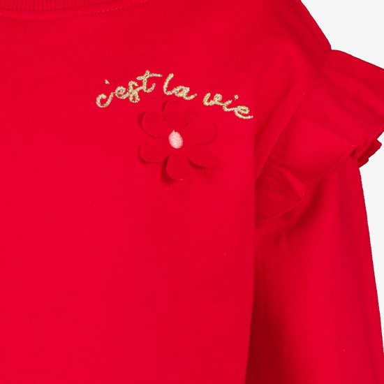 Detail van de voorkant: rode sweater met 'c'est la vie' tekst en een bloem.