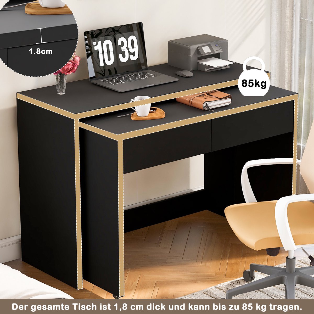 Boekenkast en bureau - 2-in-1 compact bureau met kaptafel - uitschuifbaar - met wielen - opvouwbaar bureau - zwart