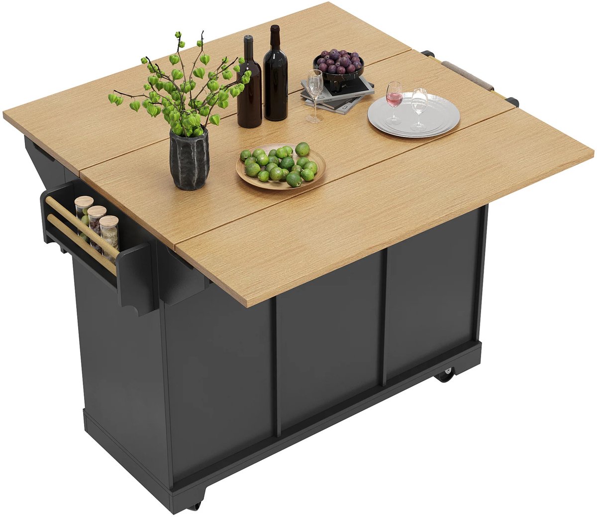 Gudalio Keukeneiland - Keukenkast - Werkblad keuken - Uitklapbare zijkanten - Op wielen - Modern - 120x40x95 cm - Hout - Zwart