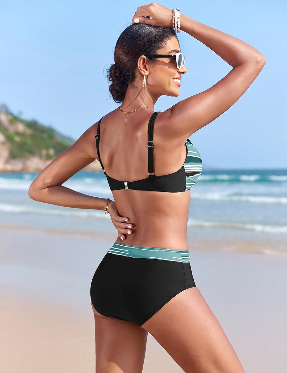 Tweedelige bikini met hoge taille, V-opening met kruis en gekleurd blokdesign, badmode met rondingen voor zee en zwembad