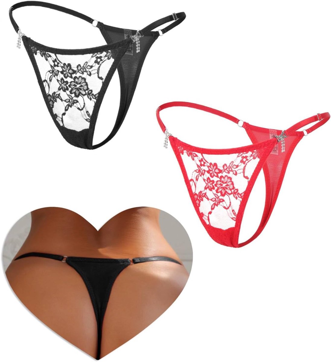 Comeondear Tanga voor dames, kant, mini-string, Braziliaanse slipje, verstelbaar, grote maat, tanga, lage taille, elastisch, ademend, bikini-ondergoed
