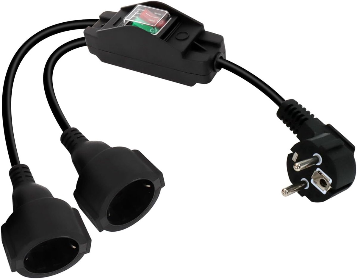 Verlengkabel met onafhankelijke schakelaar, 90-stekker op dubbel stopcontact, waterdichte stroomverlengkabel 16 A/250 V voor gebruik buitenshuis (zwart)