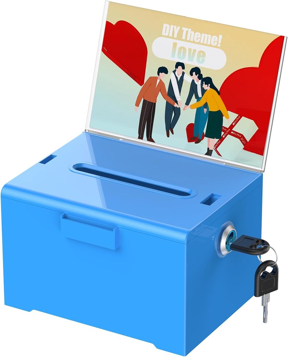 Acryl Donatie Box met Slot en Teken Houder Blauwe Stembus met Slot Plastic Suggestie Box Tip Jar Cash Opslag Container Drop Box voor Fondsenwerving Stemmen Loterij Liefdadigheid, 6.2 "x 5" x