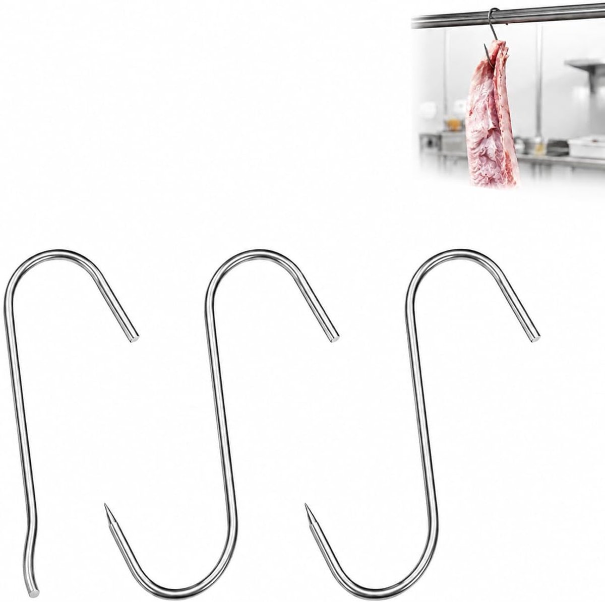 S-haken, scherpe vleeshaken, ophanghaken, keuken, slagerhaken om op te hangen, rookhaken voor barbecue, bakken, vleesverwerking