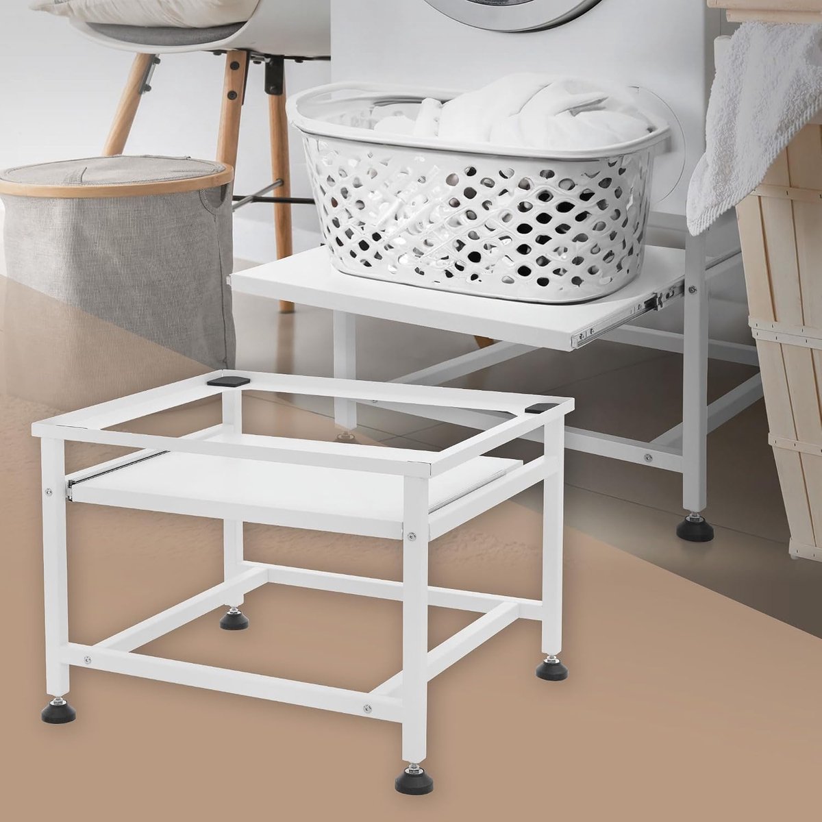 Wasmachine Verhoger met Uittrekbaar Plateau Wit 62,5x50,1x40,5 cm Staal tot 150 kg Wasmachine Sokkel Droger Sokkel Verstelbare Poten Antislip Onderstel Ruimtebesparend Stevig Duurzaam