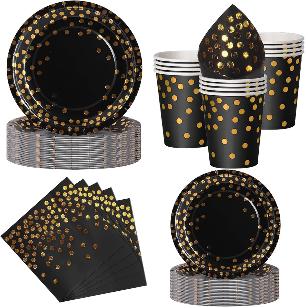 Feest Servies, 50 Stuks Zwartgoud Kartonnen Borden Kinderfeestje Set met Wegwerp Papieren Borden, Servetten & Bekers voor Verjaardagen, Barbecues, Picknicks en Feesten
