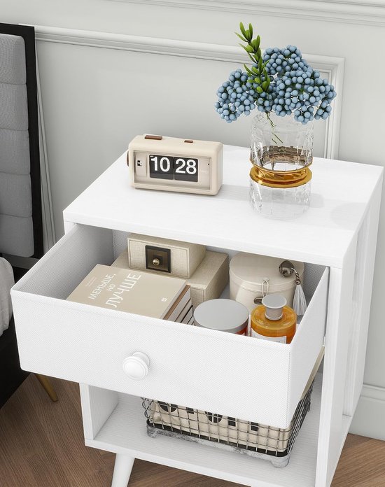 Set van 2 nachtkastjes, bijzettafel, nachtkastje, stoffen lade, open rek, massieve houten poten, modern, eenvoudige structuur, voor slaapkamer, woonkamer, wit HST012W-2 — afbeelding 5