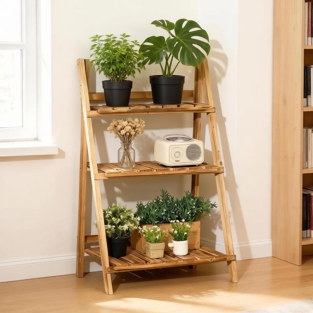 Plantenrek Foldbaar Ladderkast 60 X 37 X 93 Cm Naaldhout Bruin Voor Bloemen Bonsai En Decoratie Met 3 Open Planken