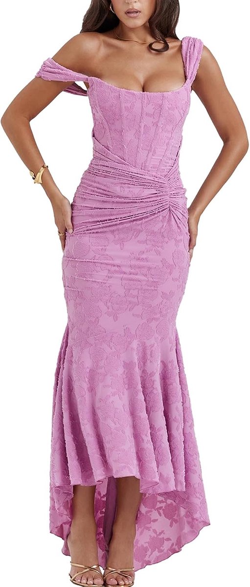 Xxxiticat Elegante jurk voor dames, nauwsluitende kanten visstaart-jurk, visgraatjurk, schouderriem, maxi-jurk met ruches