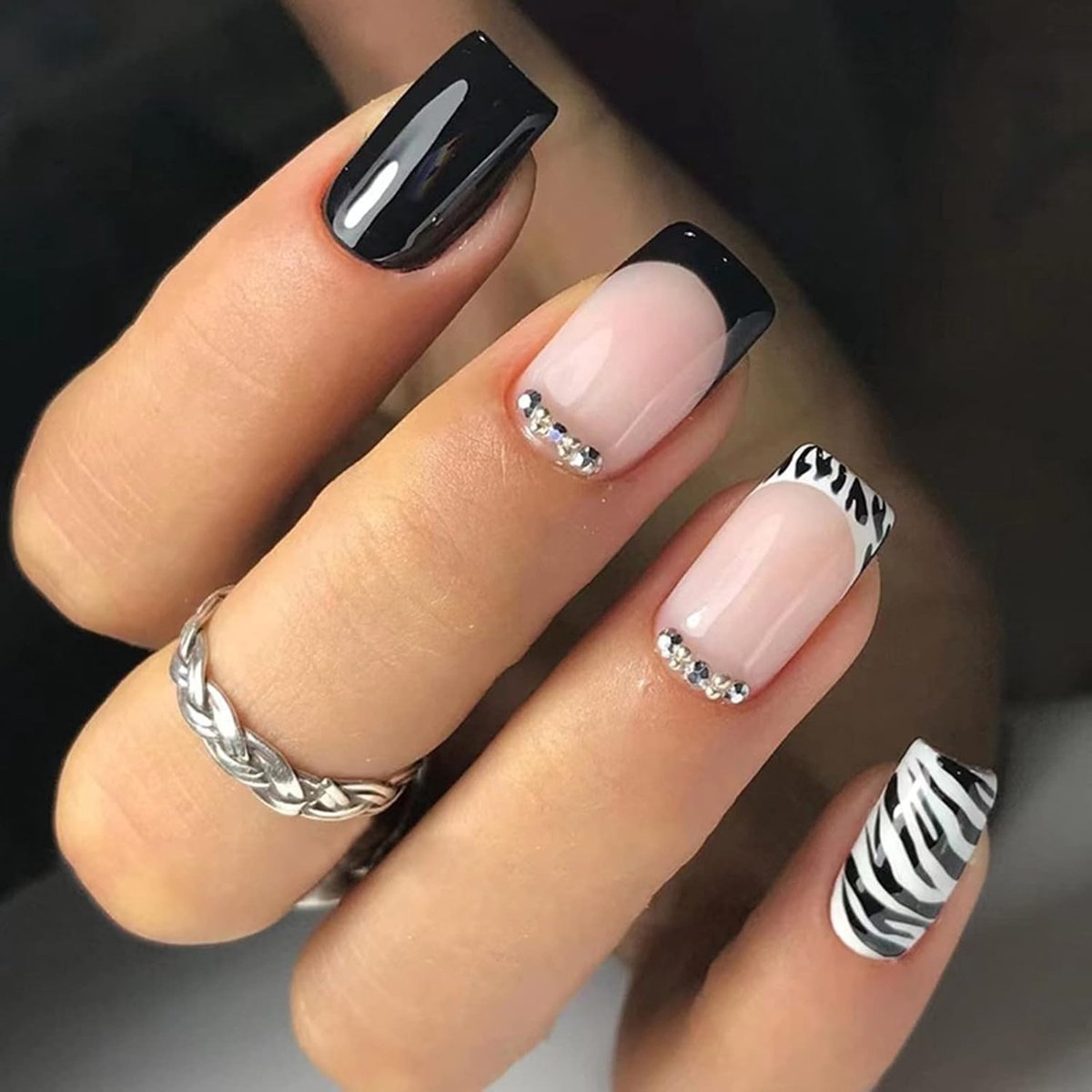 Kort, vierkant, 24 stuks, zwart-wit, Franse tip, kunstnagels, press-on nagels, korte acrylnagels om op te plakken met strass-designs, acryl vingernagels, nepnagels voor vrouwen en meisjes