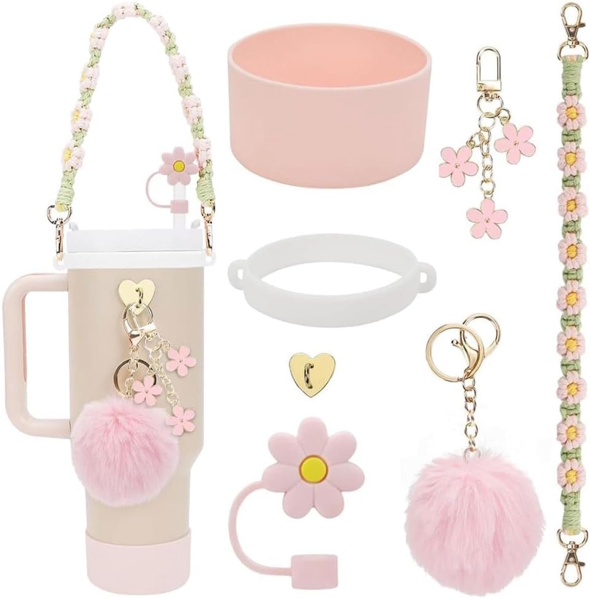 Accessoires, 7-delige set inclusief handvat, waterfles-afdekkingen, rietje, siliconen hoes, madeliefjes, sleutelhanger voor 100 ml, 100 ml, lichtroze