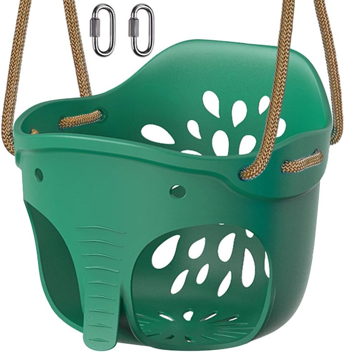 Schommelstoel voor kinderen, binnen en buiten, zacht rubber, schommelzitje, speelplaats, tuinschommel, emmer, schommel met 130-200 cm touw, voor peuters van 1-3 jaar, groene olifant/272 kg