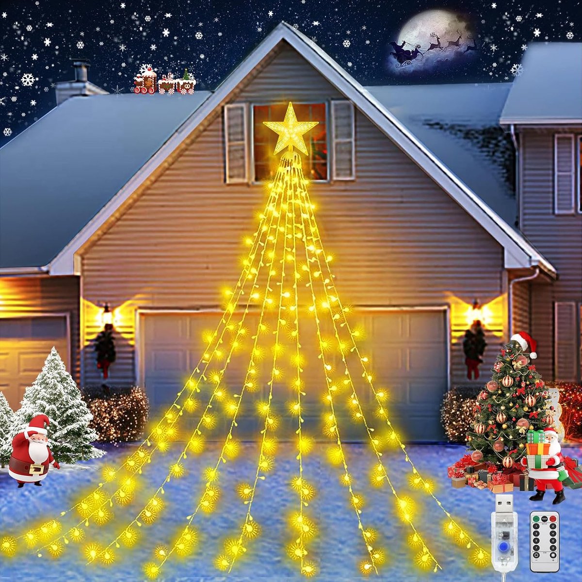 Kerstboomdecoratie voor buiten, 9 stuks, 2 m, lichtslinger, 8 modi, 198 leds, waterdichte USB-led-kerstboomverlichting met topper, ster voor kerstboom, tuin, feest, festival