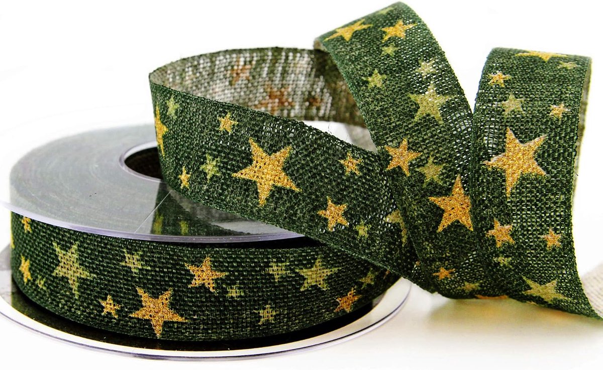 15 m x 25 mm decoratielint Country Stars donkergroen goud cadeaulint lint natuurlijke stoffen lint landhuis Kerstmis met sterren
