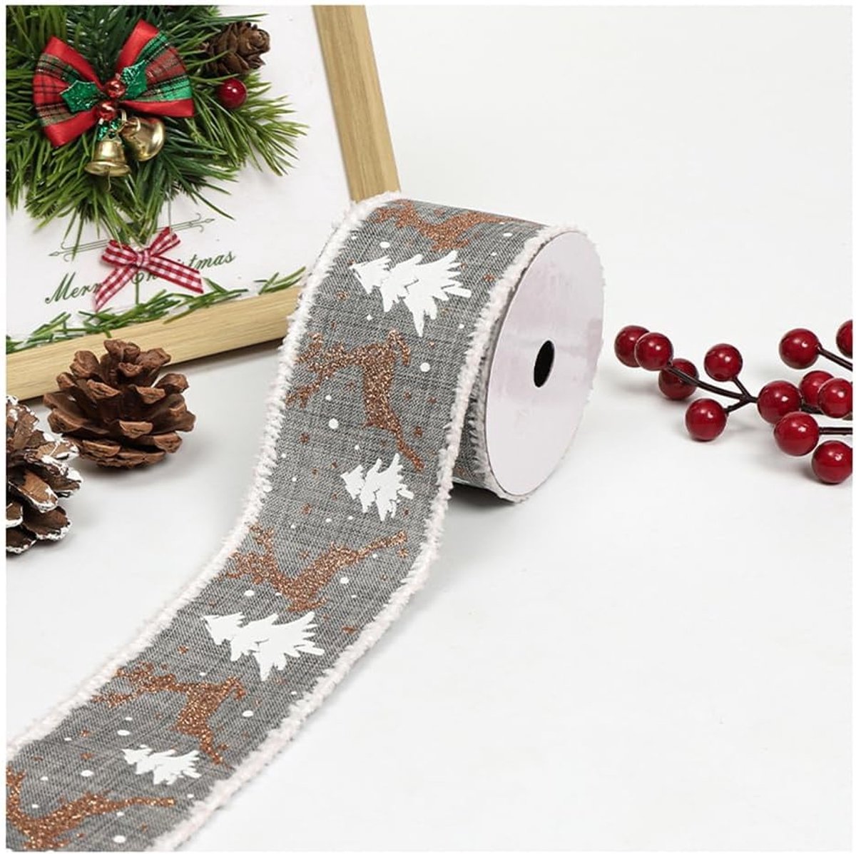 Hert met draad, cadeaulint, glitterband, stoffen band voor geschenkverpakking, Kerstmis, bruiloft, strikken, doe-het-zelf knutselen, 6,3 cm x 5 yards donkergrijs