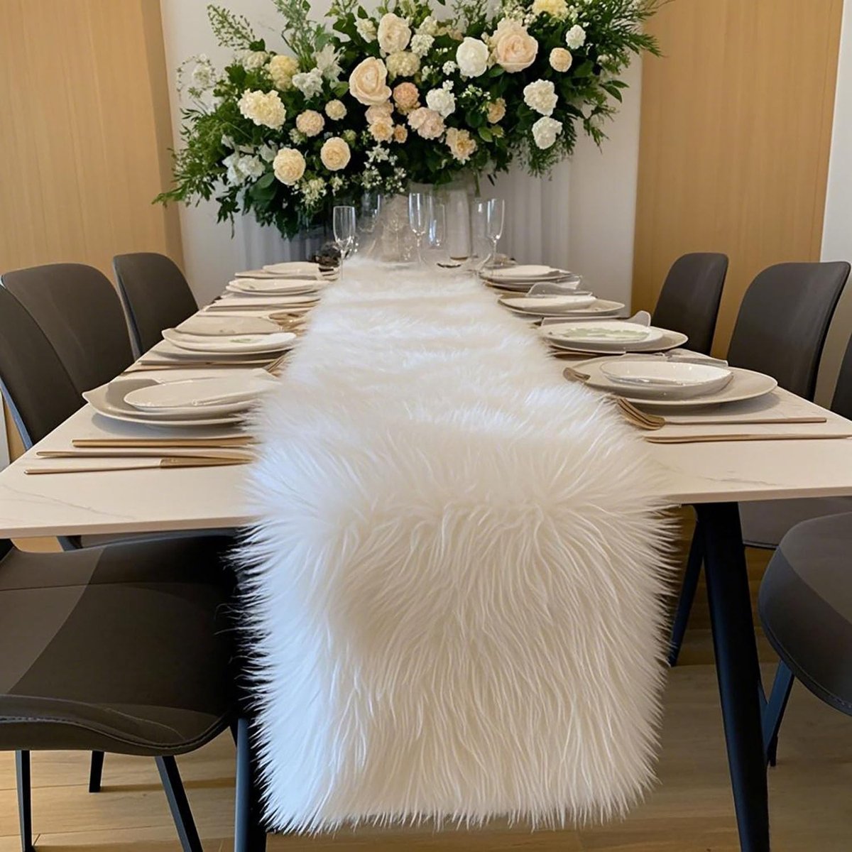 Tafelloper van wit bont, perfect voor Thanksgiving, Kerstmis, feesten en bruiloften, voegt elegantie en stijl toe aan uw interieur (wit, 30 x 183 cm)
