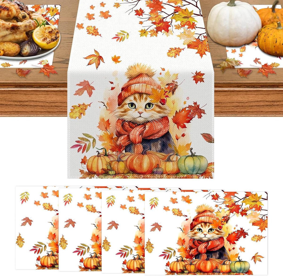 Tafellopers en placemats in de herfst, 4 Thanksgiving-placemats + 1 herfsttafelloper, Thanksgiving, tafeldecoratie voor een feestelijke sfeer