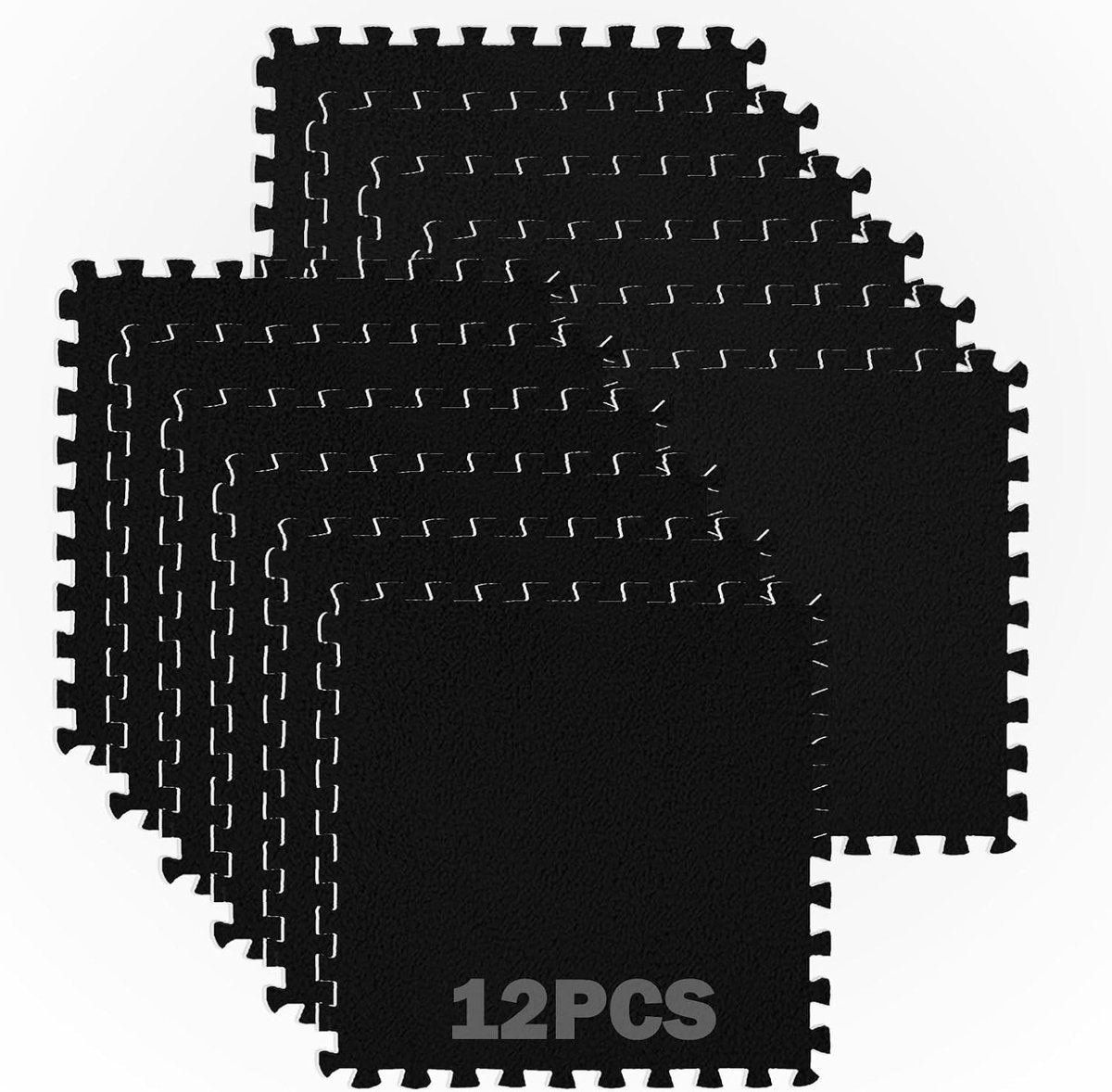 12 stuks in elkaar grijpende pluche schuimrubberen matten, 30 x 30 cm, schuimrubberen mat met pluche, woonkamertapijt, puzzelspeelmat, in elkaar grijpende schuimrubberen vloertegels (zwart)