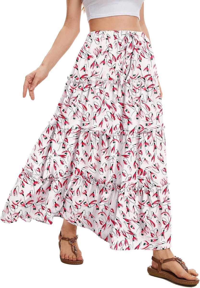 Maxi Rok voor Dames Elastische Hoge Taille met Trekkoord Zomerse Gelaagde Lange Rok met 2 Zakken Voor Dagelijks Gebruik Vakantie & Casual Draag