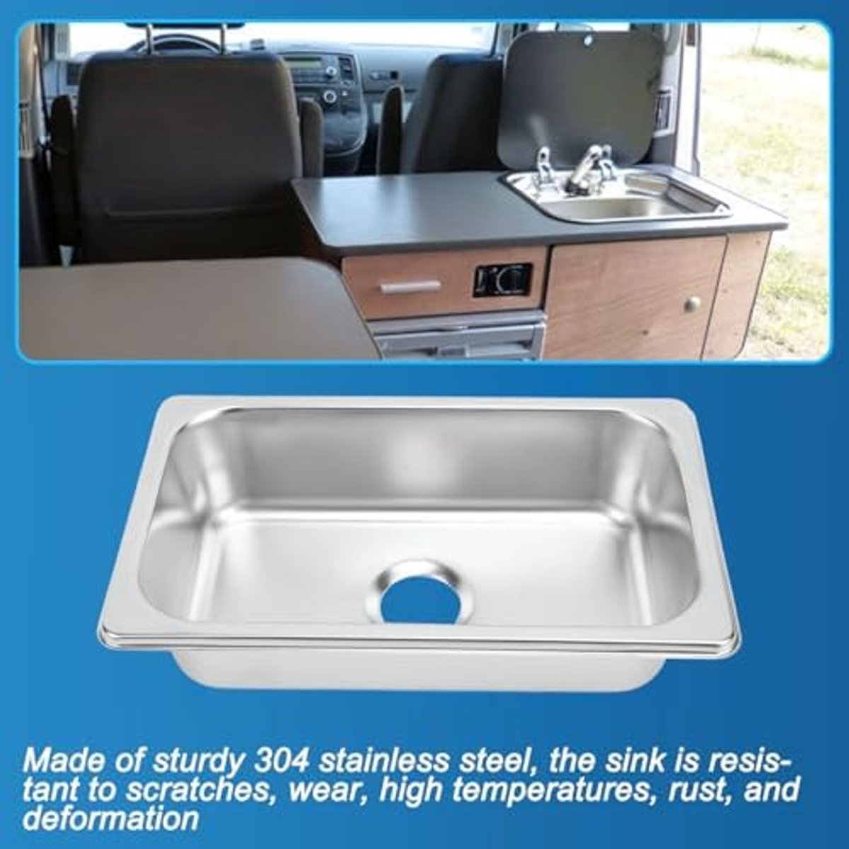 RV-spoelbak 304 Roestvrijstalen Staafgootsteen, Enkele Kom, Drop-in of Onderbouwkeukengootsteen, 40 Mm Afvoergat voor Campers, Campers, Jachten, Boten, voor Het
