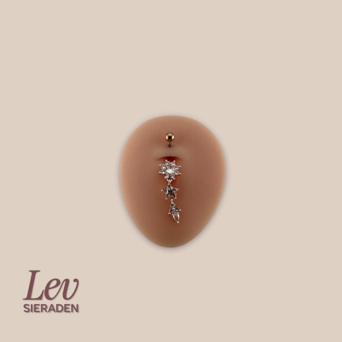 Lev Sieraden - 1.6x10mm 19 steen Zirkonia bloem 2 tier hanger - navel piercing - Rose kleurig - Titanium - extern geschroefd