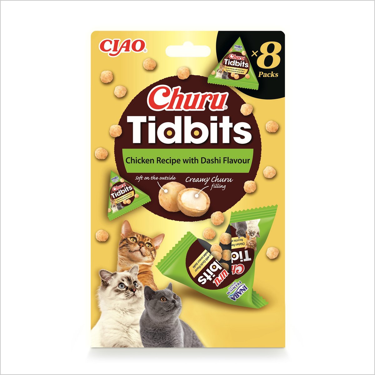 INABA CIAO Churu Tidbits Sappige Brokjes Kattensnack Kip Dashi variëteiten 8x12g