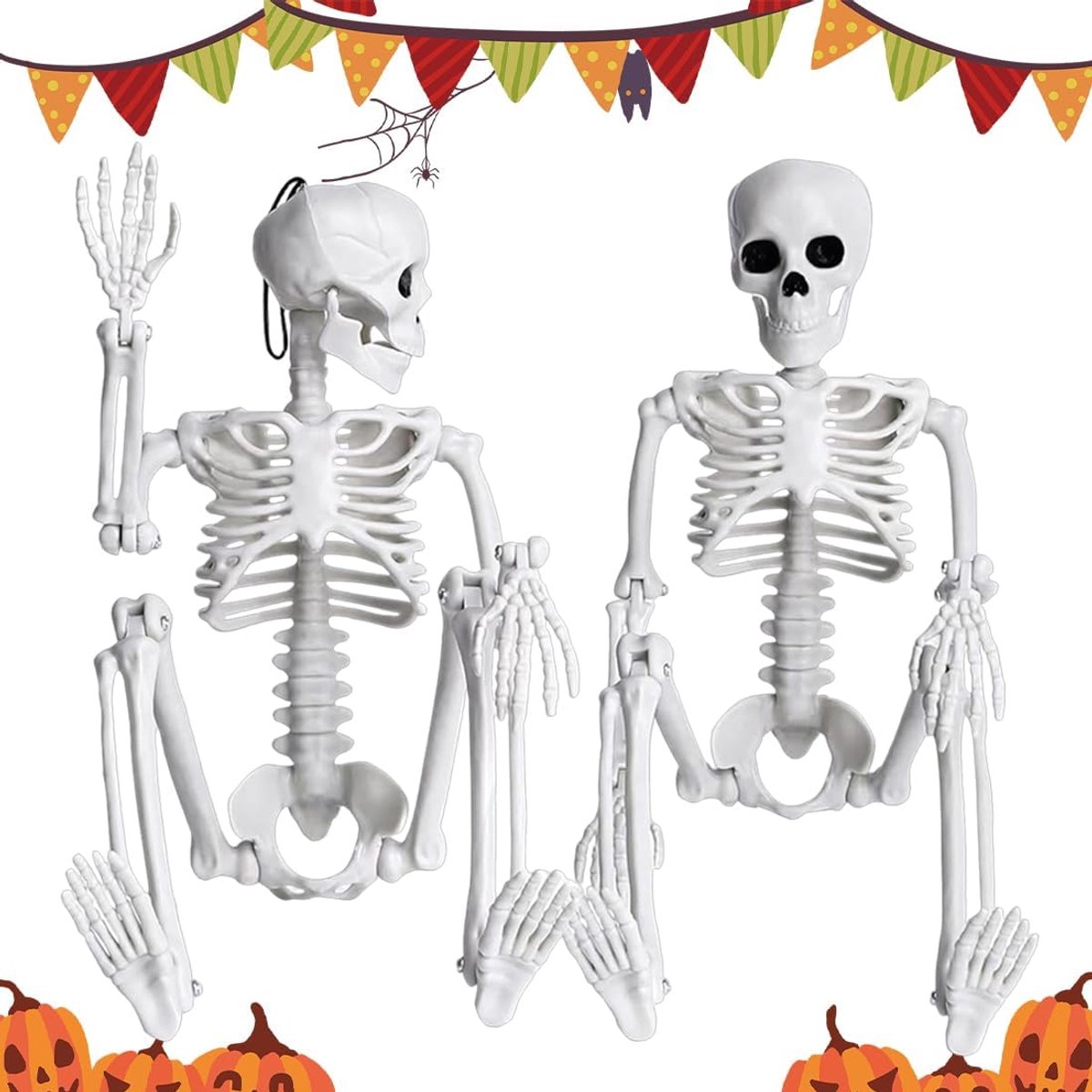 2 stuks Halloween decoratief skelet, 40 cm volledig lichaam mini hangend skelet, Halloween plastic skelet, volledig lichaam mini hangend skelet met beweegbare gewrichten voor Halloween thuis