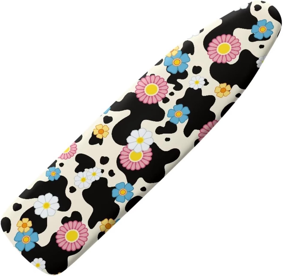 Strijkplankhoes met elastische band en haak- en lusbanden, kreukvrij polyester spandex past op de meeste standaard strijkplanken, koeienprint, hippiebloem