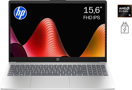 Zilverkleurige HP 15,6 inch FHD IPS laptop met AMD Ryzen 5 processor en azerty toetsenbord.