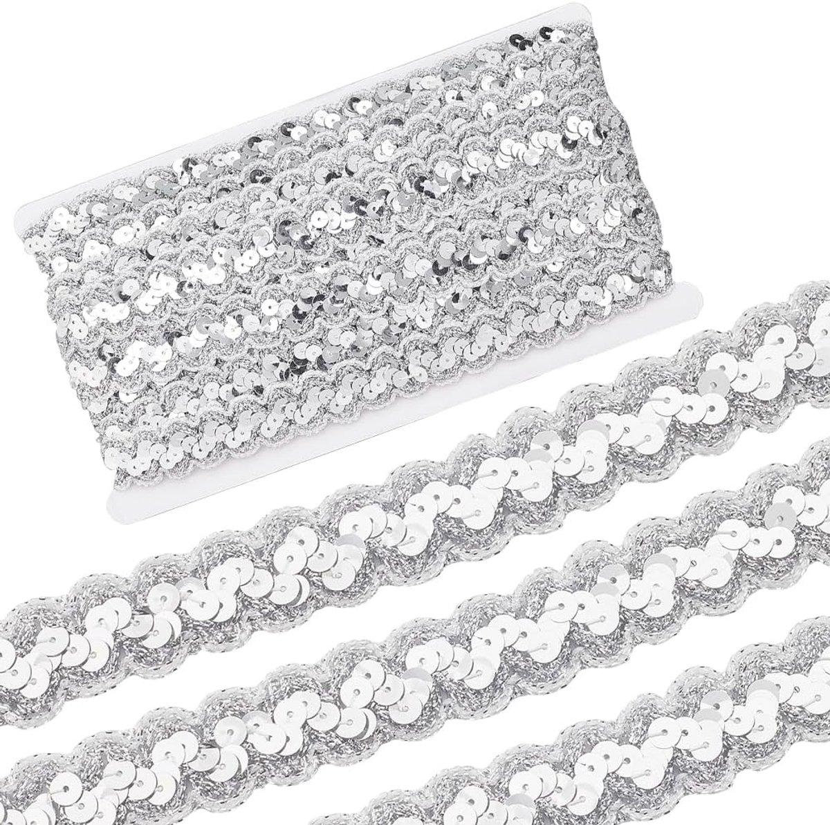 13M Zilveren Pailletten Trim Sparkle Polyester Paillette Kant Strips Wave Platte Pailletten Kralen Stof Glitter Gehaakte Linten Voor Naaien Maken Bruiloft Decor Kleding Accessoires Diy Craft