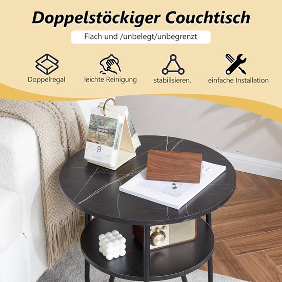 Moderne ronde salontafel, 2 planken, zwart, 50 × 50 × 48 cm, woonkamer, slaapkamer, balkon — afbeelding 3
