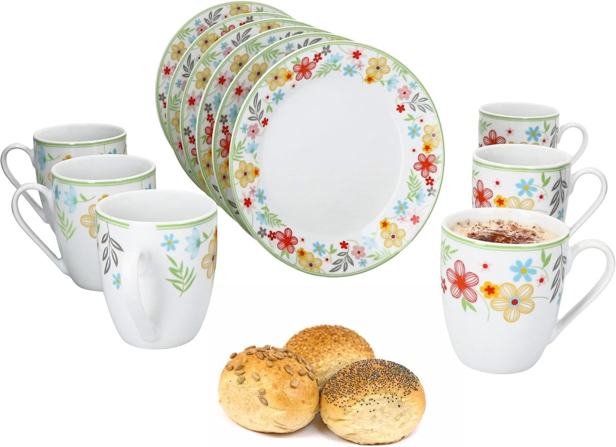 Variant Blümchen 12-delige ontbijtset, 6 x kleine borden en koffiekopjes 350 ml, hoogte 10,3 cm, voor 6 personen, kopje, taartborden, porseleinen servies voor ontbijt- en koffietijd