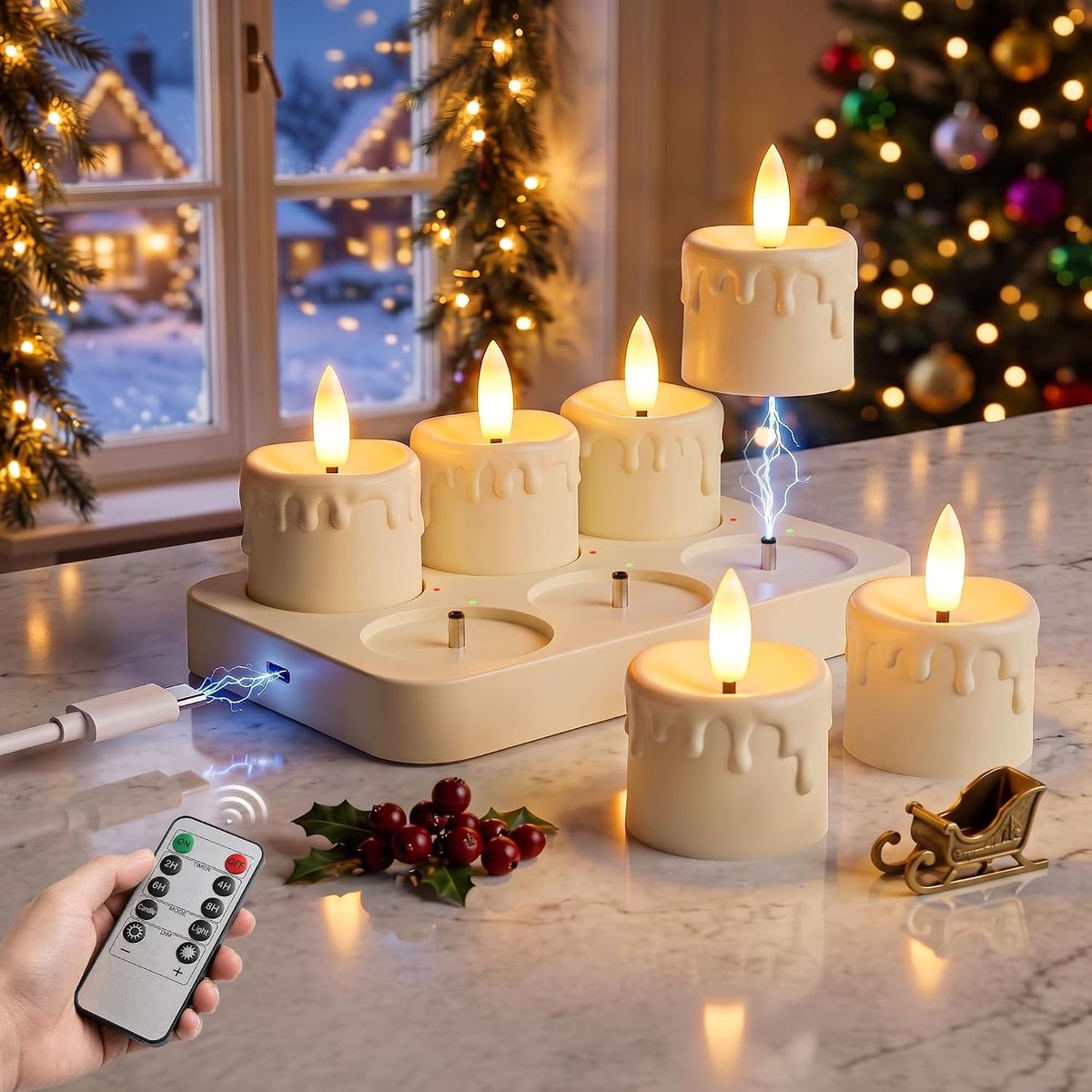 Set van 6 led-theelichtjes, valse kaars, oplaadbaar | Mini-ledkaars, flikkerende vlam, zonder vlam, met timer en afstandsbediening, voor decoratie bruiloft, Halloween, Kerstmis