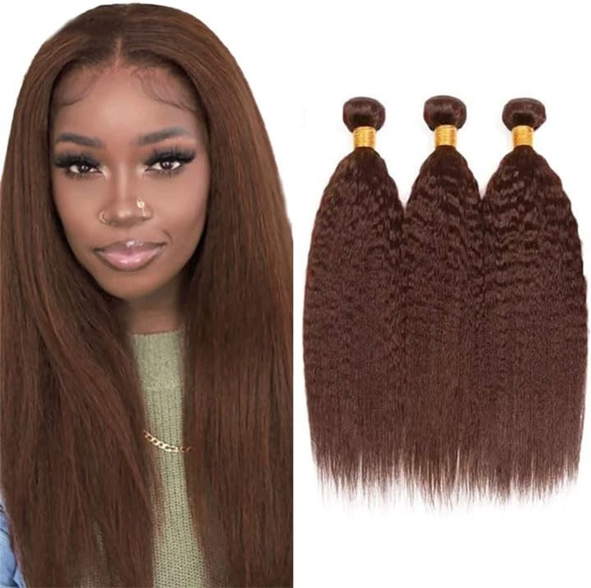 26 28 30 Inch Bundles Human Hair Extension Yaki Straight menselijk haar Bundles Unprocessed Brazilian Virgin Hair #4 Chocolate Brown Minimal detachment For Women 3 Bundles Total 150g