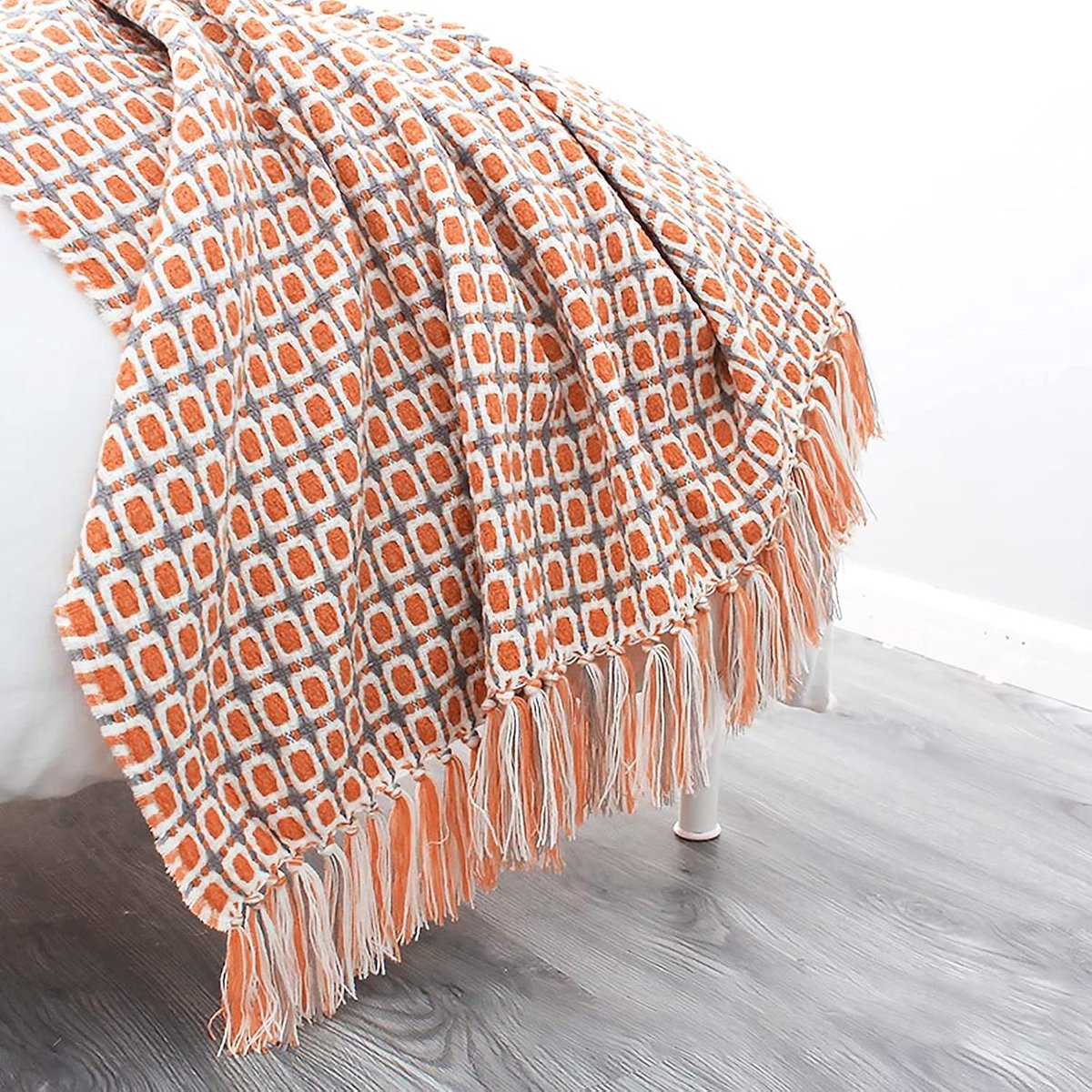 Gebreide deken met kwastjes en pied-de-poule Boheems ruitpatroon, zachte behaaglijke geweven sofa sierdekens, warme fauteuil hoes, decoratieve deken voor bank en bed, 170 x 130 cm