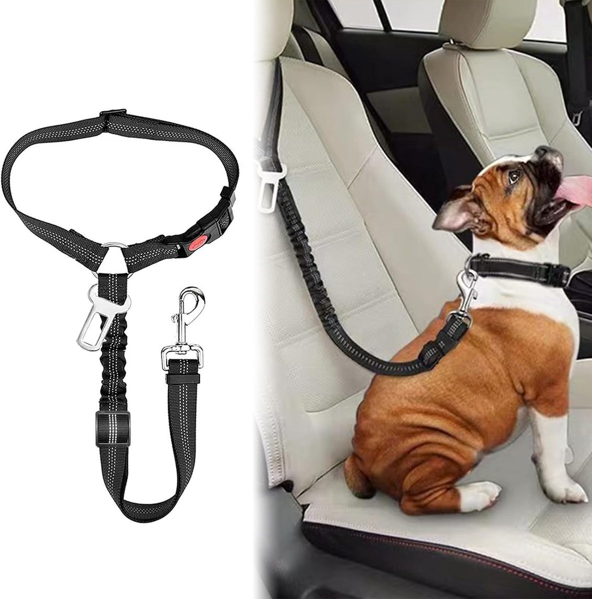 Veiligheidsgordel voor honden, Hondenveiligheidsgordel voor auto, lengte verstelbare hondenveiligheidsgordel, met elastische schokdemping en sterke karabijn-veiligheidsgordel, voor alle honden, zwart